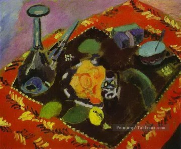 Plats et fruits sur un tapis rouge et noir 1906 fauvisme abstrait Henri Matisse Peinture à l'huile